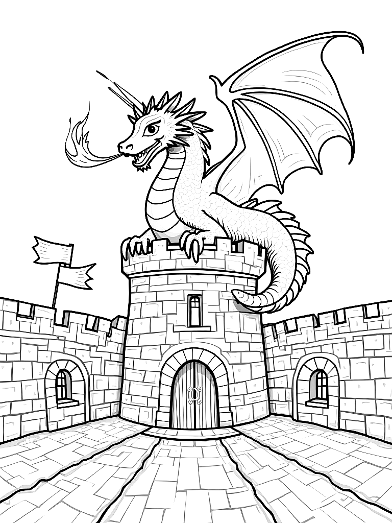 A sea dragon with fin-like wings a fire breathing  flying over a castle, coiled around a tower in a medieval castle courtyard with stone arches, with ribbons and banners draped above coloring page Contour style - free printable