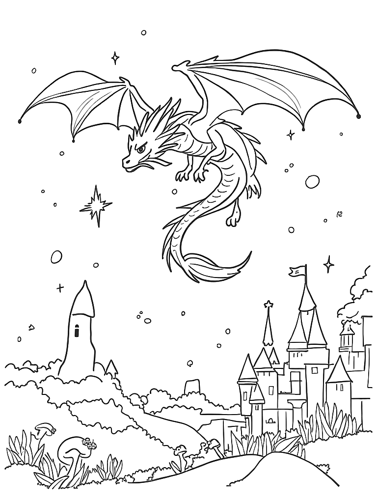 A sea dragon with fin-like wings play fire breathing s flying over a castle, soaring above an enchanted forest with glowing mushrooms, with tiny stars and sparkles floating around coloring page Contour style - free printable