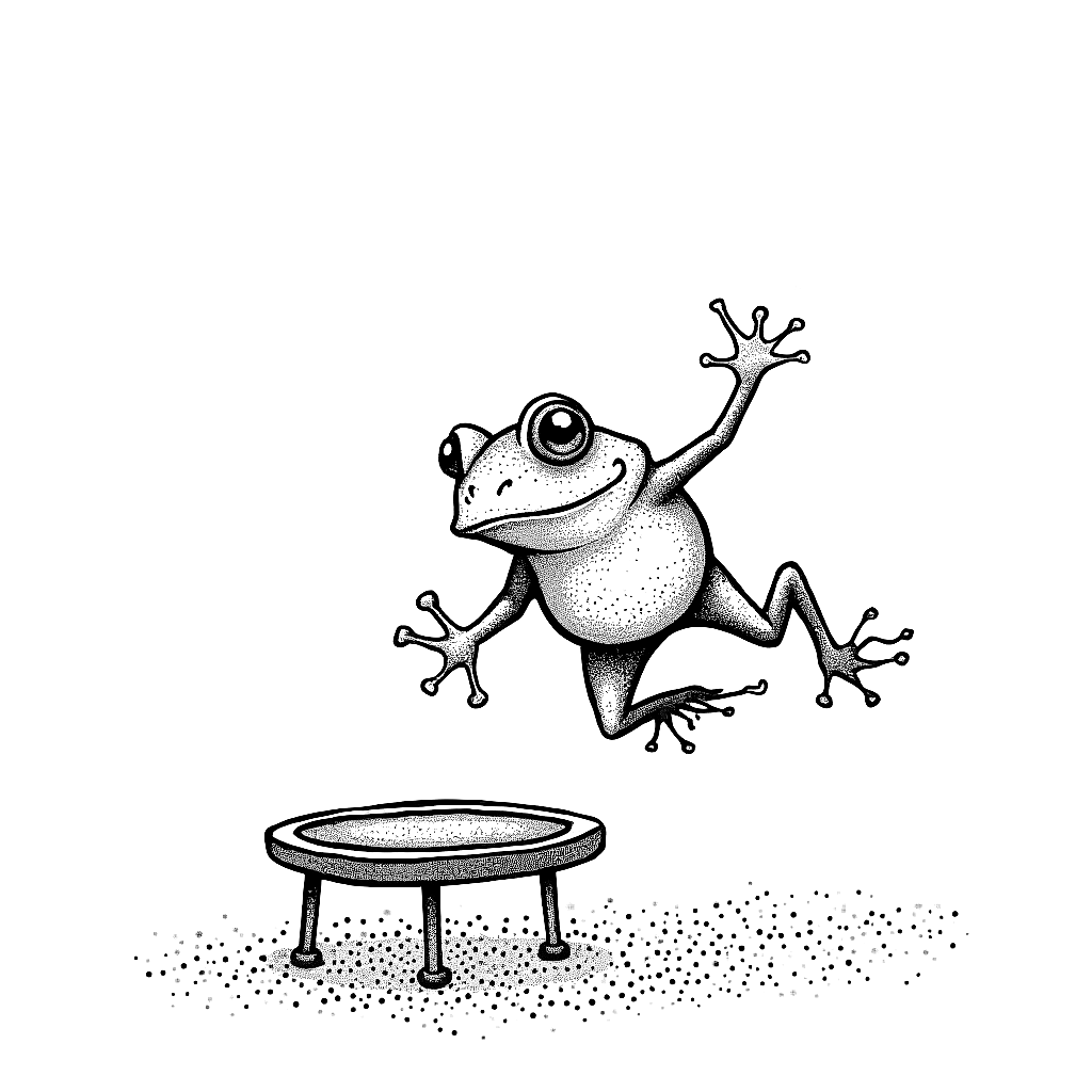 A simple line drawing of a frog jumping on a trampoline coloring page Stipple style - free printable
