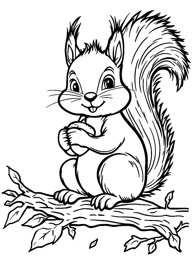 A squirrel sitting on a branch holding an acorn coloring page Contour style - free printable