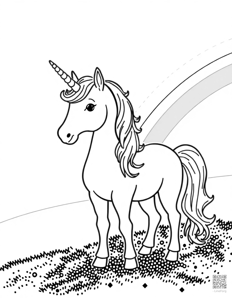 A unicorn standing in front of a rainbow. coloring page Stipple style - free printable