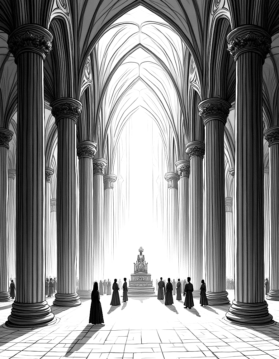 a vast cathedral interior with tiny figures coloring page Doré style free printable