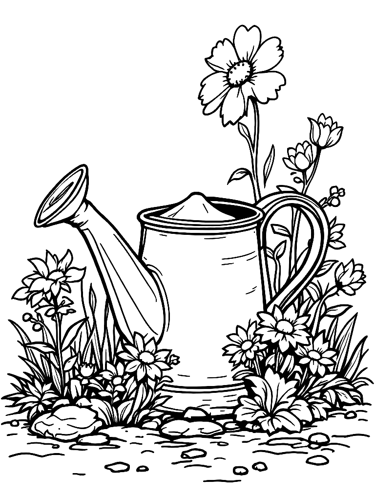 A watering can with flowers growing beside it coloring page Contour style free printable