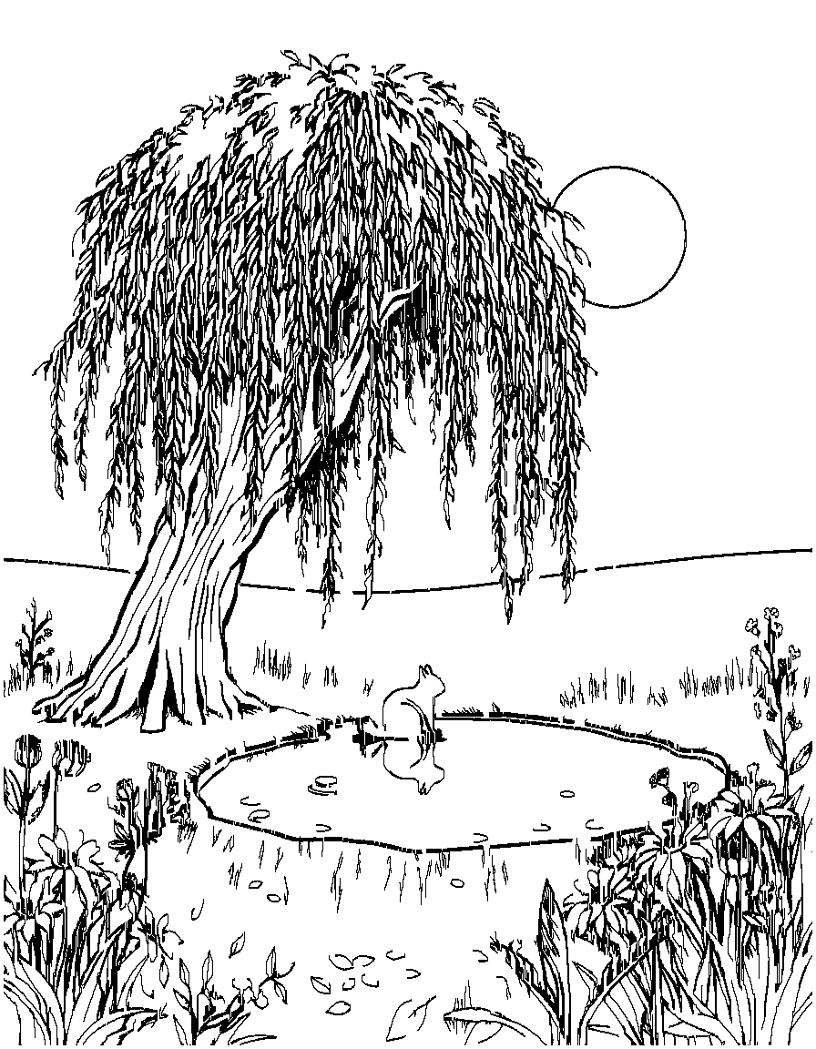 A weeping willow draped over a peaceful pond a squirrel in a ., floating above a pond in a sunlit meadow with wildflowers, with fallen leaves scattered on the ground coloring page Contour style - free printable