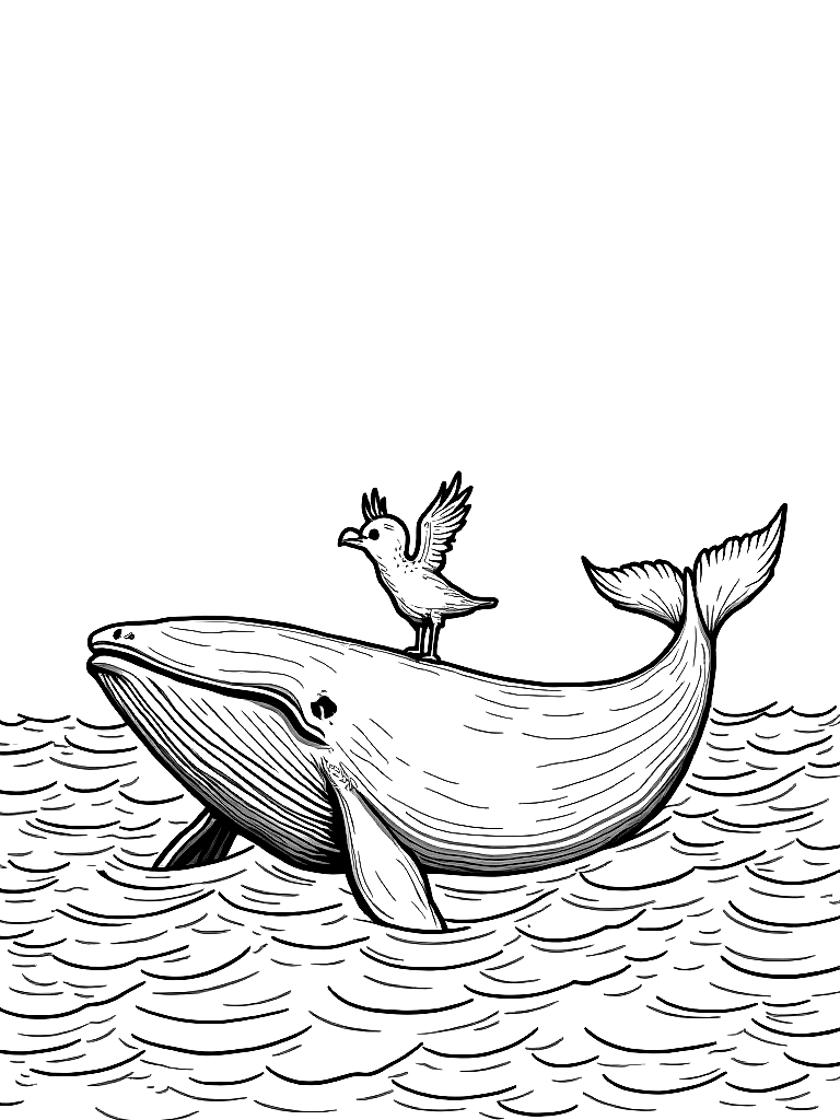 A whale with a bird on his head among the ocean waves. coloring page Minimal style - free printable