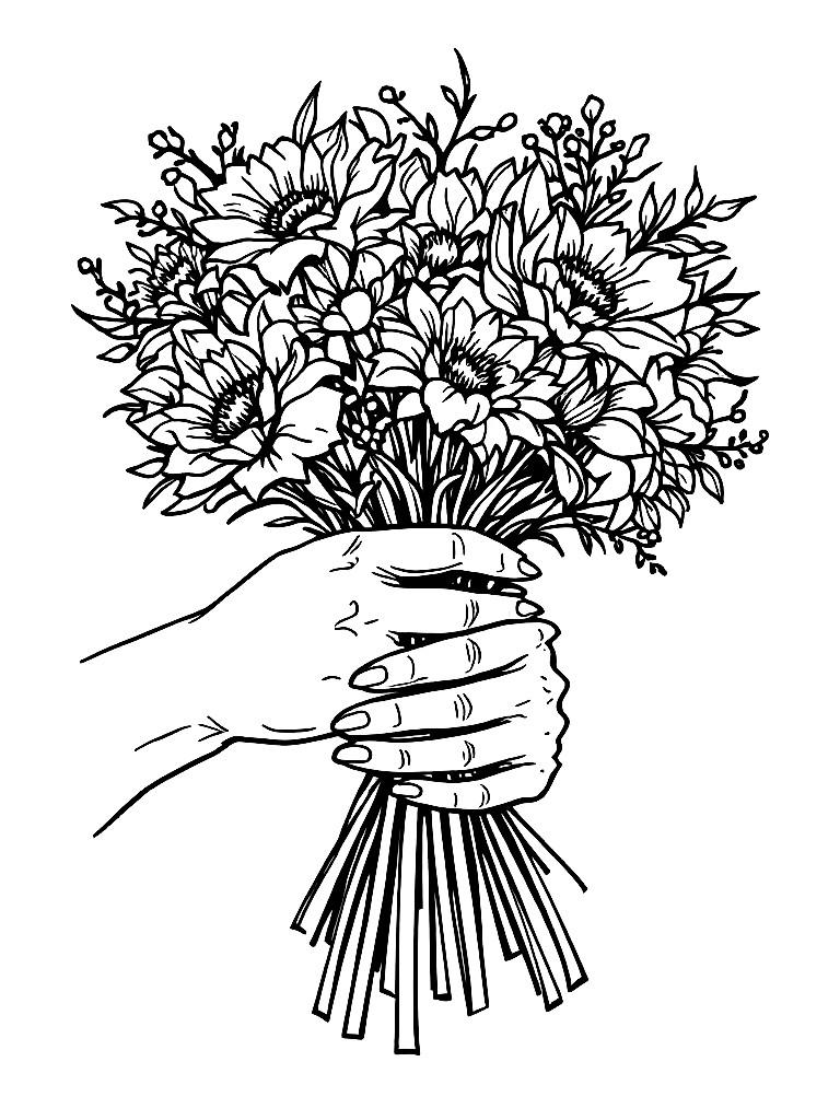 A woman's hands holding a bouquet of flowers tied with a ribbon coloring page Contour style - free printable