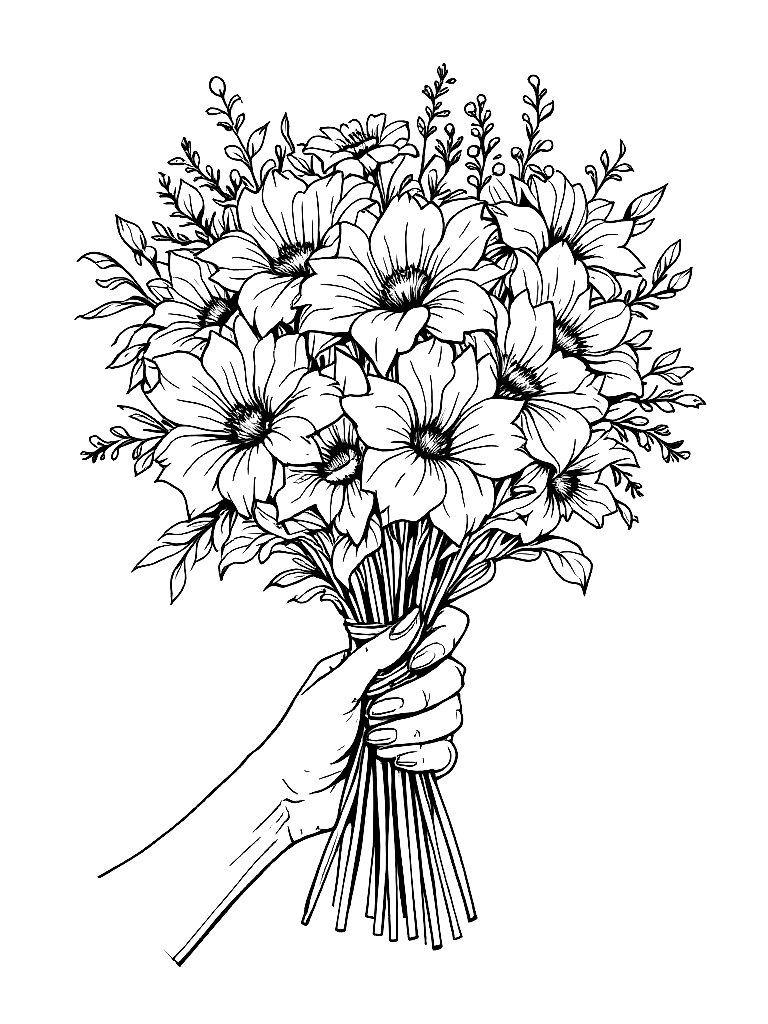 A woman's hands holding a bouquet of flowers tied with a ribbon coloring page Contour style - free printable