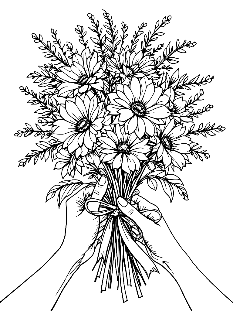 A woman's hands holding a bouquet of flowers tied with a ribbon coloring page Contour style - free printable