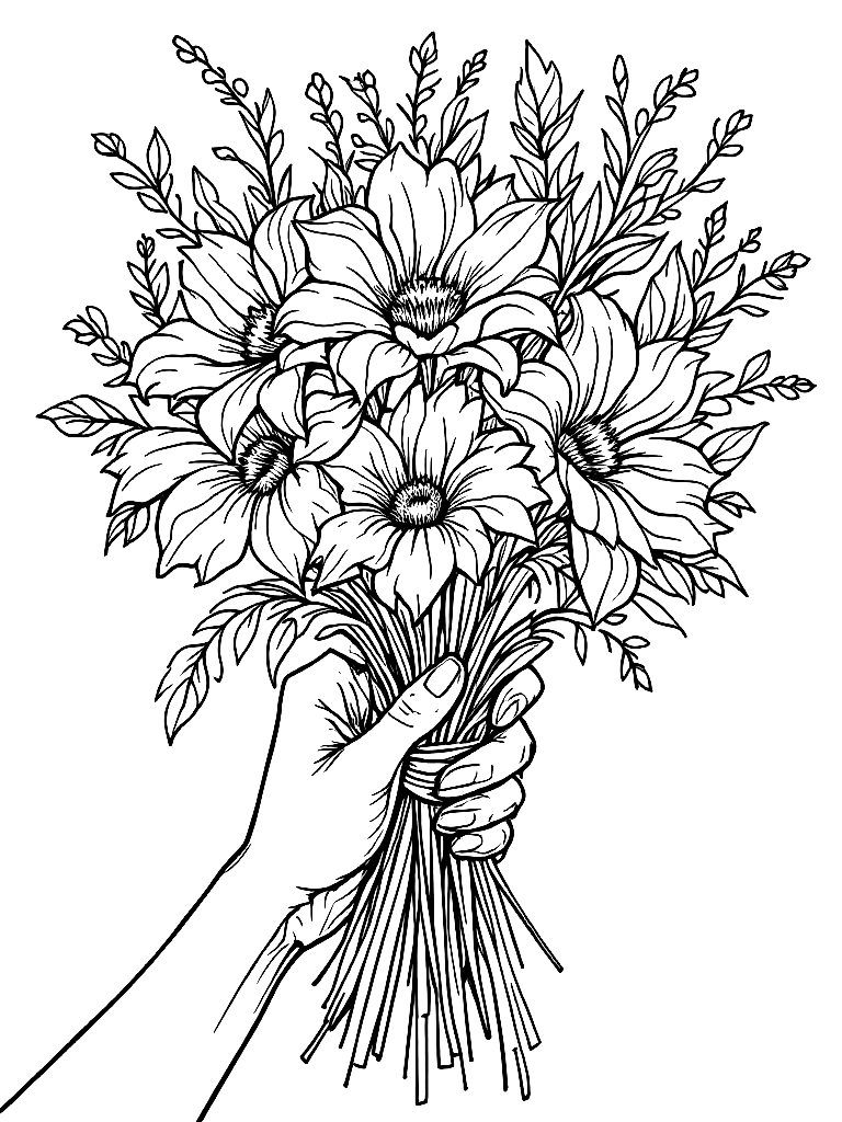 A woman's hands holding a bouquet of flowers tied with a ribbon coloring page Contour style - free printable