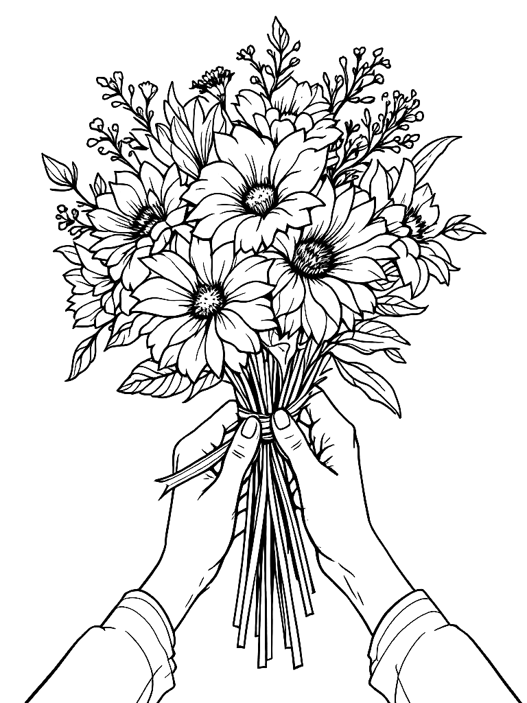 A woman's hands holding a bouquet of flowers tied with a ribbon coloring page Contour style - free printable