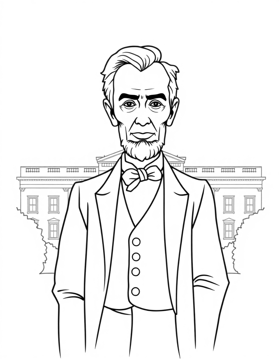 Abraham Lincoln with a top hat standing in front of the White House. coloring page Contour style free printable