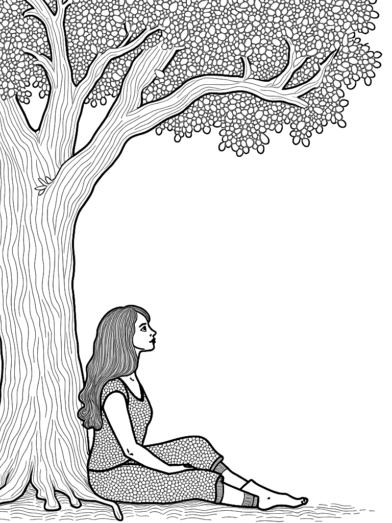 adult coloring book page, Johanna Basford style, intricate botanical linework, 
dense fine-line illustration, highly detailed patterns, zentangle-inspired fills, 
nested organic shapes, stippling, decorative dot work, white background, 
black lines only, no shading, no gray, woman sitting next to a tree. coloring page Contour style - free printable