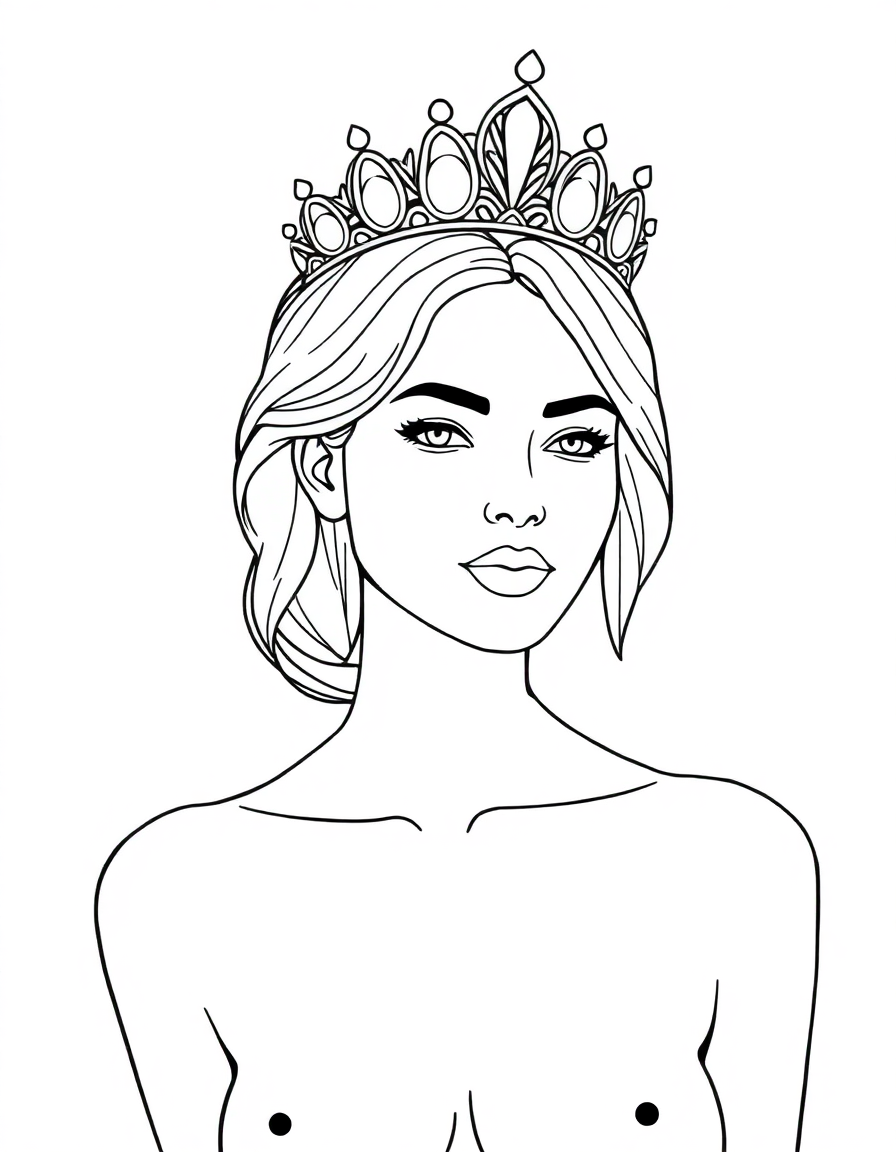 Free an attractive, naked woman wearing a tiara on her head. coloring page in contour style — printable line art