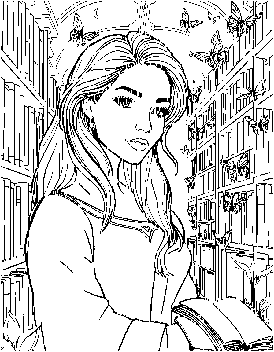 An attractive woman, depicted in a detailed scene in a magical library with floating books, with butterflies fluttering nearby coloring page Contour style - free printable