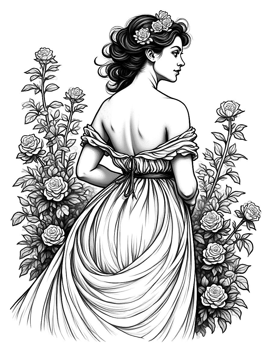 An attractive woman in a garden of roses. coloring page Doré style free printable