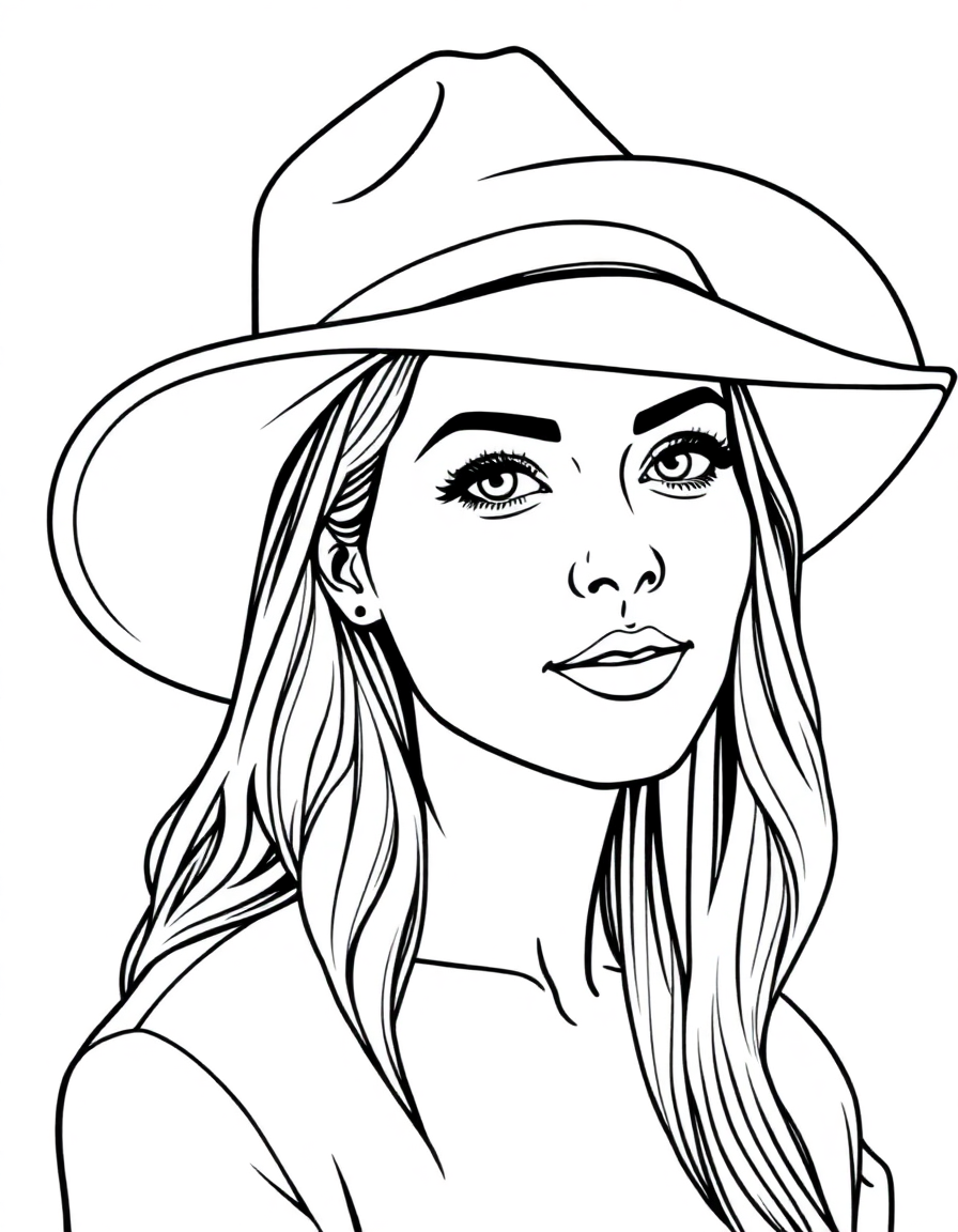 Free an attractive woman wearing a wide brimmed hat. coloring page in contour style — printable line art