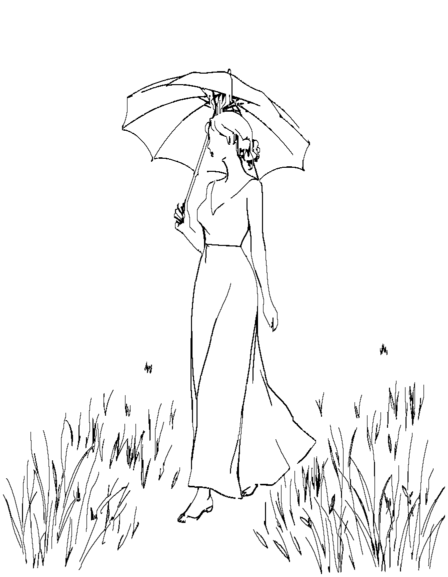 Free an attractive woman. with a parasol walking in a field. in the style of john singer sargent. coloring page in minimal style — printable line art