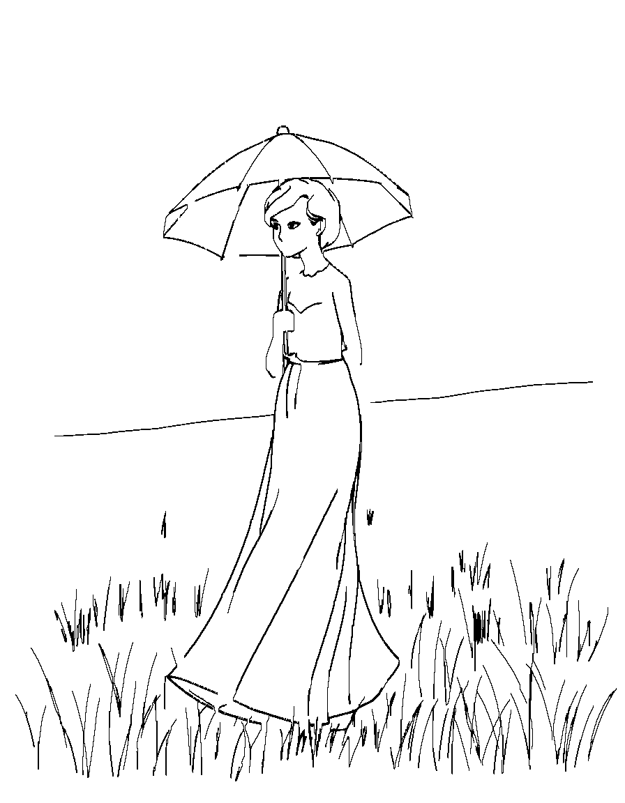 Free an attractive woman. with a parasol walking in a field. in the style of john singer sargent. coloring page in minimal style — printable line art