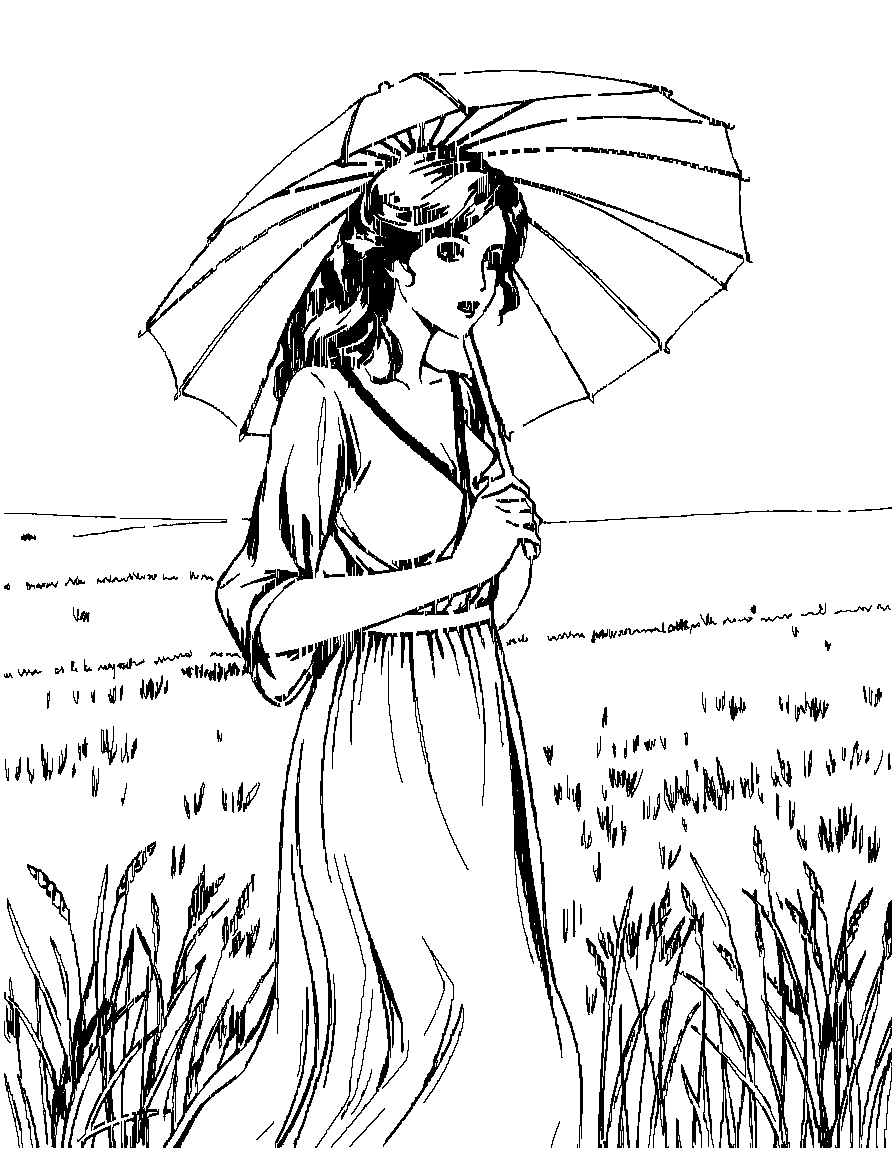 An attractive woman. With a parasol walking in a field. In the style of John Singer Sargent. coloring page Manga style free printable