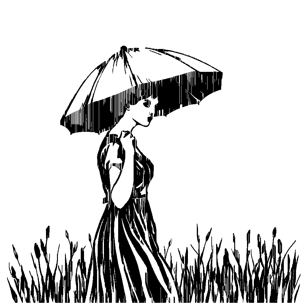 An attractive woman. With a parasol walking in a field. In the style of John Singer Sargent. coloring page Woodcut style free printable