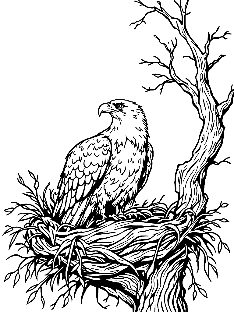 An eagle in a nest up in a tree. coloring page Minimal style - free printable