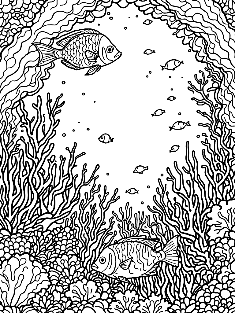 An underwater scene with tropical fish and coral. coloring page Contour style - free printable