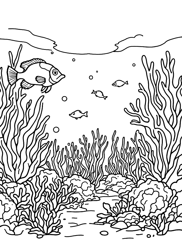 An underwater scene with tropical fish and coral. coloring page Contour style - free printable