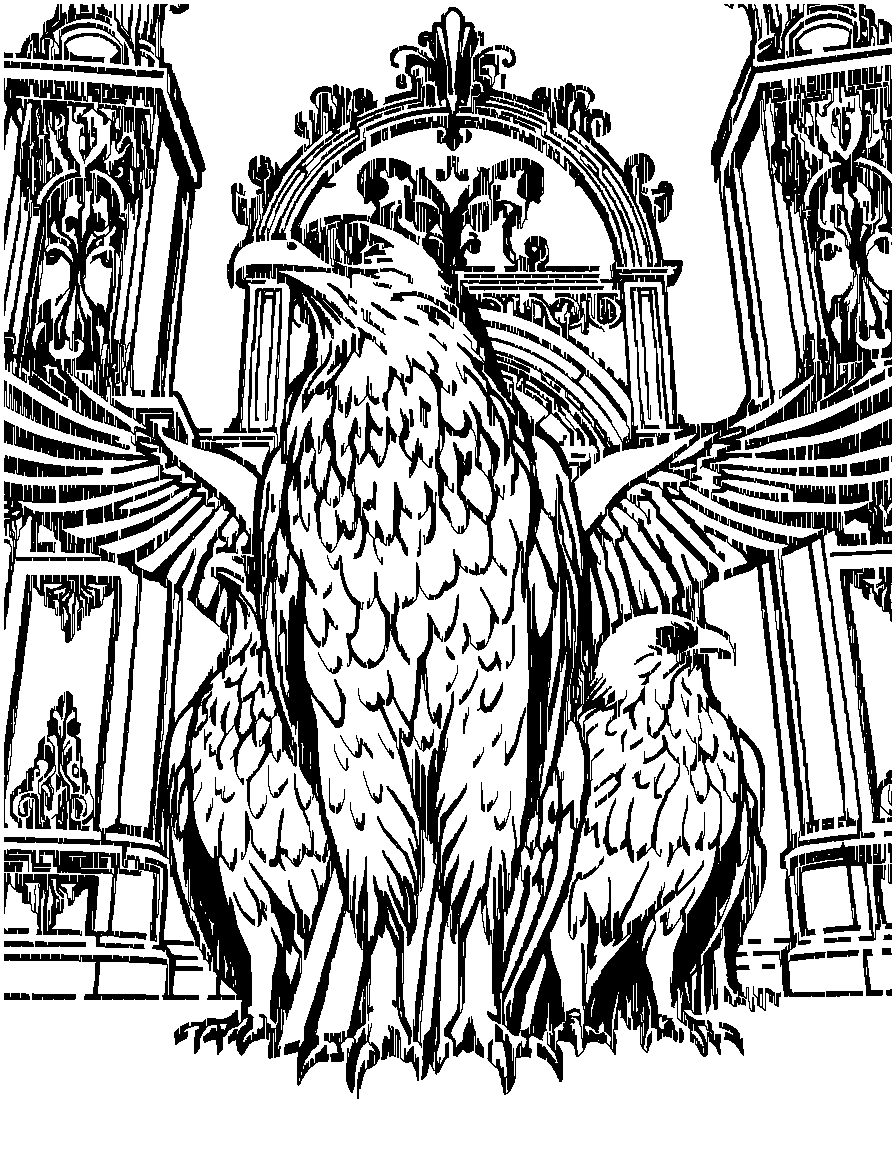 Free birds of prey., from a dramatic low angle looking up, in front of an ornate architectural backdrop coloring page in contour style — printable line art