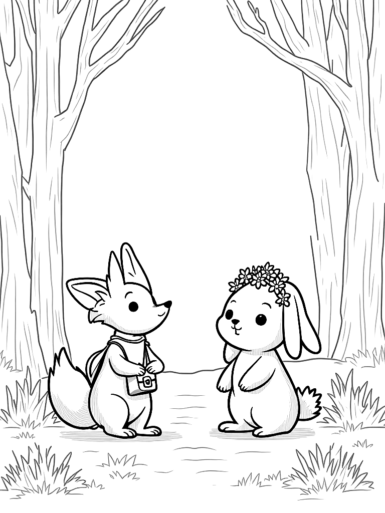Free black and white children's book coloring page illustration, clean ink line art, no color, no shading, only outlines: a small fox with a white-tipped tail wearing a brown satchel stands next to a white rabbit with floppy ears wearing a daisy chain crown. they are in a forest clearing with tall trees, soft moss on the ground, and gentle sunlight filtering through the branches.. important — draw these exact characters with these exact appearances: gentle woodland story in fairport forest. three friends: finn the fox (small red fox, white-tipped tail, brown satchel), clover the rabbit (white rabbit, floppy ears, daisy-chain crown), pepper the skunk (black skunk, white stripe, lavender bow on left ear). clover notices a stranger is sad and finds small ways to help. theme: kindness. soft mossy forest setting.. keep all character designs identical to this description on every page. style: simple bold outlines suitable for a children's coloring book, white background, no gray fills. coloring page in contour style — printable line art