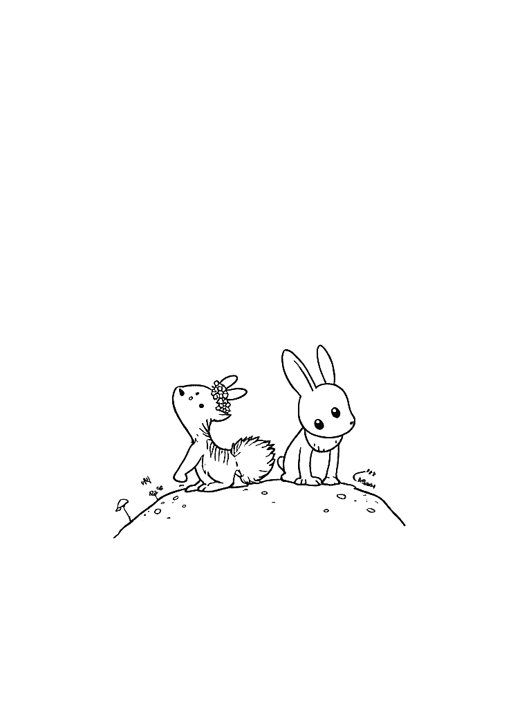 Black and white children's book coloring page illustration, clean ink line art, no color, no shading, only outlines: A black skunk with a white stripe and a lavender bow on her left ear walks alongside the fox and rabbit. They are on a winding forest path surrounded by mushrooms, ferns, and moss-covered rocks.. IMPORTANT — draw these exact characters with these exact appearances: Gentle woodland story in Fairport Forest. Three friends: Finn the Fox (small red fox, white-tipped tail, brown satchel), Clover the Rabbit (white rabbit, floppy ears, daisy-chain crown), Pepper the Skunk (black skunk, white stripe, lavender bow on left ear). Clover notices a stranger is sad and finds small ways to help. Theme: kindness. Soft mossy forest setting.. Keep all character designs identical to this description on every page. Style: simple bold outlines suitable for a children's coloring book, white background, no gray fills. coloring page Contour style - free printable
