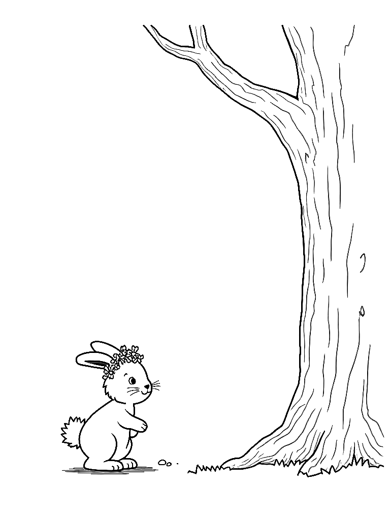 Black and white children's book coloring page illustration, clean ink line art, no color, no shading, only outlines: Clover the rabbit with her daisy crown is hopping toward a large, gnarled oak tree. Her ears are perked up in a listening pose, and there are small teardrops visible near the base of the tree trunk.. IMPORTANT — draw these exact characters with these exact appearances: Gentle woodland story in Fairport Forest. Three friends: Finn the Fox (small red fox, white-tipped tail, brown satchel), Clover the Rabbit (white rabbit, floppy ears, daisy-chain crown), Pepper the Skunk (black skunk, white stripe, lavender bow on left ear). Clover notices a stranger is sad and finds small ways to help. Theme: kindness. Soft mossy forest setting.. Keep all character designs identical to this description on every page. Style: simple bold outlines suitable for a children's coloring book, white background, no gray fills. coloring page Contour style - free printable
