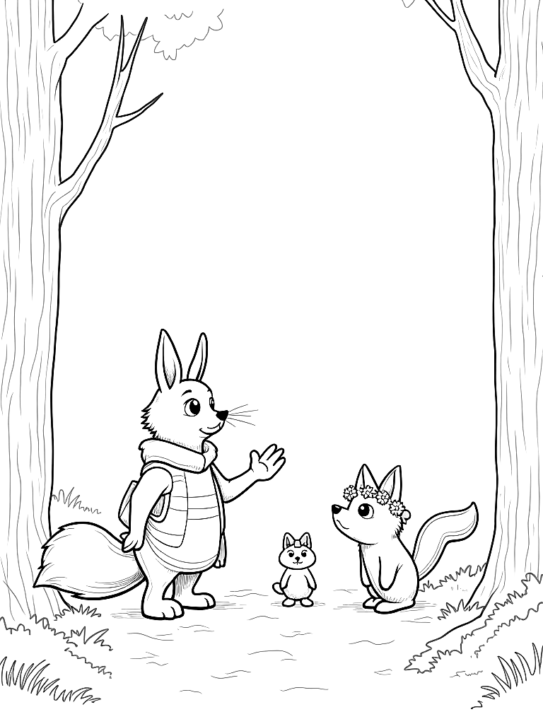 Black and white children's book coloring page illustration, clean ink line art, no color, no shading, only outlines: Clover waves to Finn the fox with his satchel and Pepper the skunk with her bow as they run toward her. Henry the hedgehog stands beside Clover, looking small and worried among the tall forest trees.. IMPORTANT — draw these exact characters with these exact appearances: Gentle woodland story in Fairport Forest. Three friends: Finn the Fox (small red fox, white-tipped tail, brown satchel), Clover the Rabbit (white rabbit, floppy ears, daisy-chain crown), Pepper the Skunk (black skunk, white stripe, lavender bow on left ear). Clover notices a stranger is sad and finds small ways to help. Theme: kindness. Soft mossy forest setting.. Keep all character designs identical to this description on every page. Style: simple bold outlines suitable for a children's coloring book, white background, no gray fills. coloring page Contour style - free printable