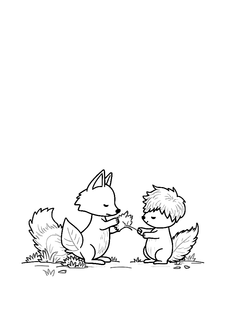 Free black and white children's book coloring page illustration, clean ink line art, no color, no shading, only outlines: finn the fox with his white-tipped tail is reaching into his brown satchel while holding out a large, soft leaf to henry. the hedgehog reaches toward the leaf gratefully, with moss and small forest plants around their feet.. important — draw these exact characters with these exact appearances: gentle woodland story in fairport forest. three friends: finn the fox (small red fox, white-tipped tail, brown satchel), clover the rabbit (white rabbit, floppy ears, daisy-chain crown), pepper the skunk (black skunk, white stripe, lavender bow on left ear). clover notices a stranger is sad and finds small ways to help. theme: kindness. soft mossy forest setting.. keep all character designs identical to this description on every page. style: simple bold outlines suitable for a children's coloring book, white background, no gray fills. coloring page in contour style — printable line art