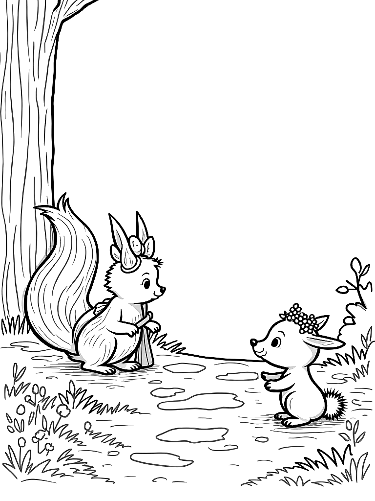 Black and white children's book coloring page illustration, clean ink line art, no color, no shading, only outlines: Pepper the skunk with her white stripe and lavender bow is using her large, fluffy tail to sweep thorny branches off a forest path. Henry the hedgehog watches as the path becomes clear and safe to walk on.. IMPORTANT — draw these exact characters with these exact appearances: Gentle woodland story in Fairport Forest. Three friends: Finn the Fox (small red fox, white-tipped tail, brown satchel), Clover the Rabbit (white rabbit, floppy ears, daisy-chain crown), Pepper the Skunk (black skunk, white stripe, lavender bow on left ear). Clover notices a stranger is sad and finds small ways to help. Theme: kindness. Soft mossy forest setting.. Keep all character designs identical to this description on every page. Style: simple bold outlines suitable for a children's coloring book, white background, no gray fills. coloring page Contour style - free printable