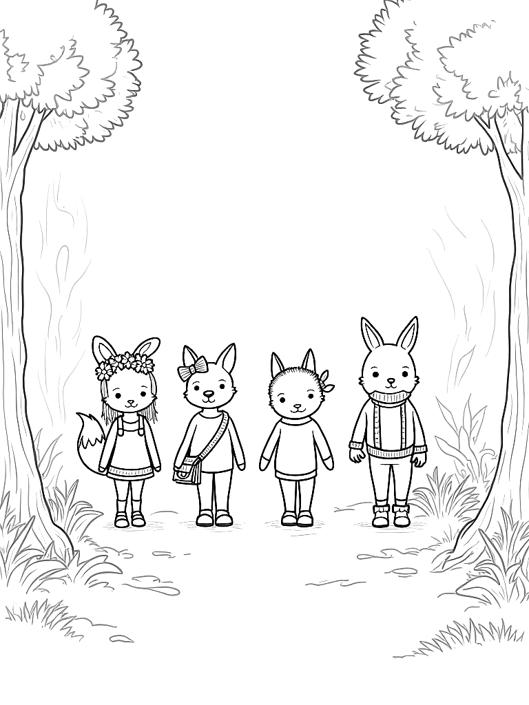 Free black and white children's book coloring page illustration, clean ink line art, no color, no shading, only outlines: all four friends walk in a line along a forest path - clover with her daisy crown leading, followed by henry the hedgehog, then finn with his satchel, and pepper with her bow. trees, ferns, and forest plants line both sides of the path.. important — draw these exact characters with these exact appearances: gentle woodland story in fairport forest. three friends: finn the fox (small red fox, white-tipped tail, brown satchel), clover the rabbit (white rabbit, floppy ears, daisy-chain crown), pepper the skunk (black skunk, white stripe, lavender bow on left ear). clover notices a stranger is sad and finds small ways to help. theme: kindness. soft mossy forest setting.. keep all character designs identical to this description on every page. style: simple bold outlines suitable for a children's coloring book, white background, no gray fills. coloring page in contour style — printable line art