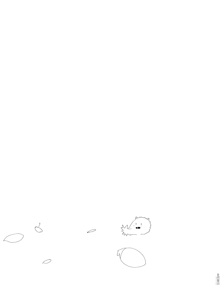 Free black and white children's book coloring page illustration, clean ink line art, no color, no shading, only outlines: the group of friends stands around scattered acorn shells on the ground. henry the hedgehog points excitedly at the shells while the three friends look on with happy expressions. oak leaves and small forest debris are scattered around.. important — draw these exact characters with these exact appearances: gentle woodland story in fairport forest. three friends: finn the fox (small red fox, white-tipped tail, brown satchel), clover the rabbit (white rabbit, floppy ears, daisy-chain crown), pepper the skunk (black skunk, white stripe, lavender bow on left ear). clover notices a stranger is sad and finds small ways to help. theme: kindness. soft mossy forest setting.. keep all character designs identical to this description on every page. style: simple bold outlines suitable for a children's coloring book, white background, no gray fills. coloring page in contour style — printable line art