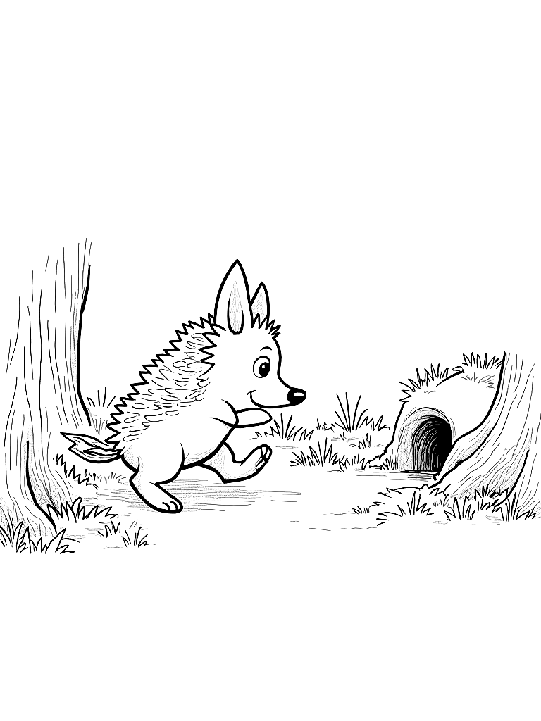 Black and white children's book coloring page illustration, clean ink line art, no color, no shading, only outlines: Henry the hedgehog runs toward a small burrow entrance nestled between large tree roots. The burrow has a round opening with soft moss around it, and tiny mushrooms and forest plants decorate the area.. IMPORTANT — draw these exact characters with these exact appearances: Gentle woodland story in Fairport Forest. Three friends: Finn the Fox (small red fox, white-tipped tail, brown satchel), Clover the Rabbit (white rabbit, floppy ears, daisy-chain crown), Pepper the Skunk (black skunk, white stripe, lavender bow on left ear). Clover notices a stranger is sad and finds small ways to help. Theme: kindness. Soft mossy forest setting.. Keep all character designs identical to this description on every page. Style: simple bold outlines suitable for a children's coloring book, white background, no gray fills. coloring page Contour style - free printable