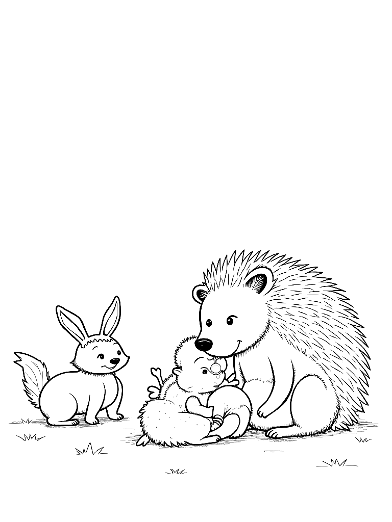 Free black and white children's book coloring page illustration, clean ink line art, no color, no shading, only outlines: henry the hedgehog is surrounded by his hedgehog family - parents and siblings - all hugging him. clover, finn, and pepper stand nearby, smiling and watching the happy reunion. the burrow entrance and forest setting frame the scene.. important — draw these exact characters with these exact appearances: gentle woodland story in fairport forest. three friends: finn the fox (small red fox, white-tipped tail, brown satchel), clover the rabbit (white rabbit, floppy ears, daisy-chain crown), pepper the skunk (black skunk, white stripe, lavender bow on left ear). clover notices a stranger is sad and finds small ways to help. theme: kindness. soft mossy forest setting.. keep all character designs identical to this description on every page. style: simple bold outlines suitable for a children's coloring book, white background, no gray fills. coloring page in contour style — printable line art