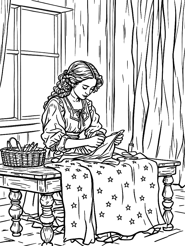 Black and white line drawing of Betsy Ross sewing the first American flag, colonial room setting, wooden table, fabric with stars visible, period clothing, clean outlines, minimal shading, coloring book style, clear composition coloring page Contour style - free printable