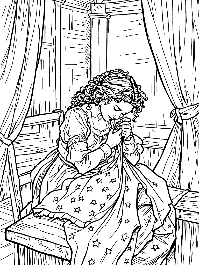 Black and white line drawing of Betsy Ross sewing the first American flag, colonial room setting, wooden table, fabric with stars visible, period clothing, clean outlines, minimal shading, coloring book style, clear composition coloring page Crosshatch style - free printable