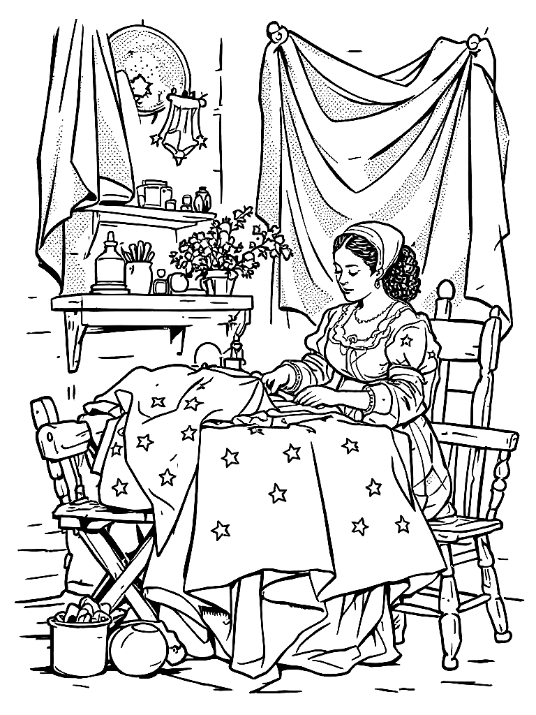 Black and white line drawing of Betsy Ross sewing the first American flag, colonial room setting, wooden table, fabric with stars visible, period clothing, clean outlines, minimal shading, coloring book style, clear composition coloring page Stipple style - free printable