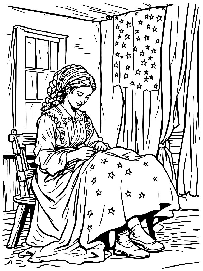 Black and white line drawing of Betsy Ross sewing the first American flag, colonial room setting, wooden table, fabric with stars visible, period clothing, clean outlines, minimal shading, coloring book style, clear composition coloring page Woodcut style - free printable
