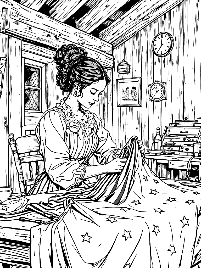 Black and white line drawing of Betsy Ross sewing the first American flag, colonial room setting, wooden table, fabric with stars visible, period clothing, clean outlines, minimal shading, coloring book style, clear composition coloring page Manga style - free printable