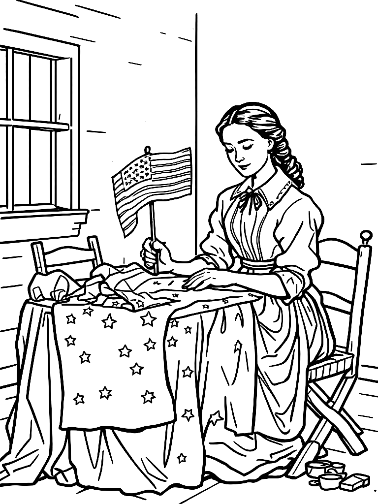 Black and white line drawing of Betsy Ross sewing the first American flag, colonial room setting, wooden table, fabric with stars visible, period clothing, clean outlines, minimal shading, coloring book style, clear composition coloring page Minimal style - free printable