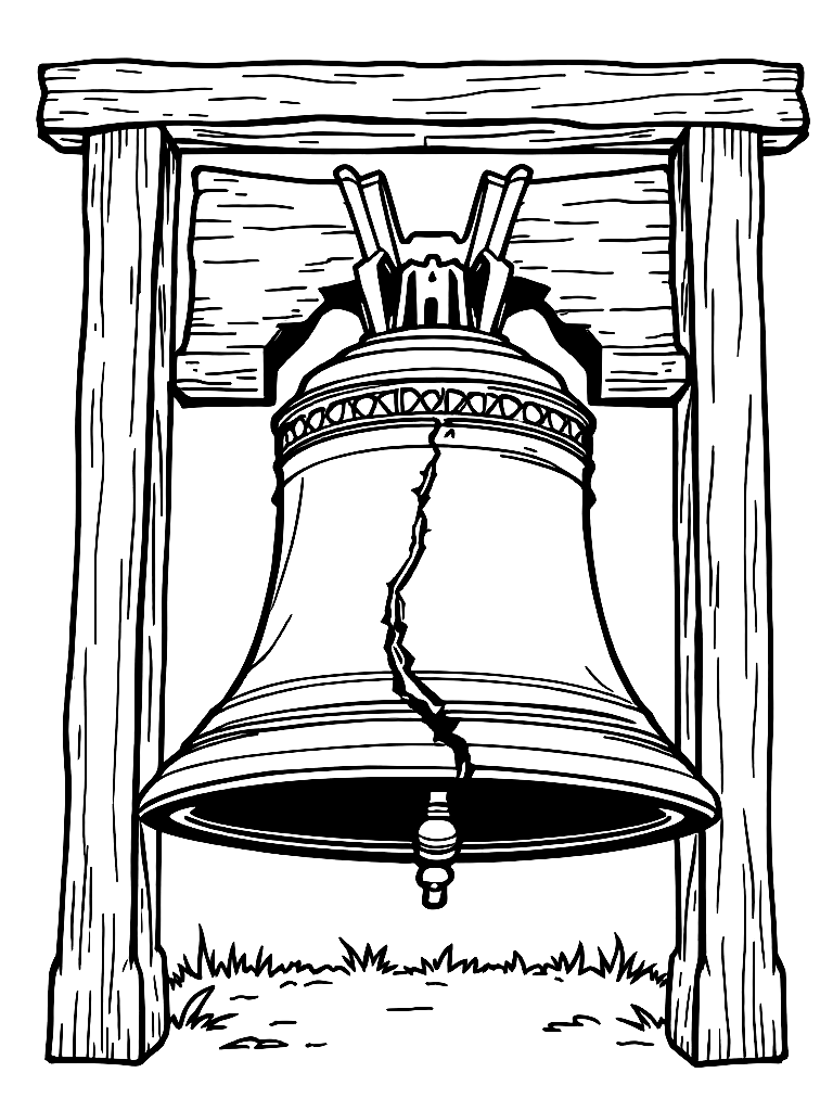 Free bold clean line art of the liberty bell with visible crack, hanging in wooden frame, slight perspective, minimal background, patriotic composition, thick outlines, no shading, coloring book style, centered layout coloring page in contour style — printable line art