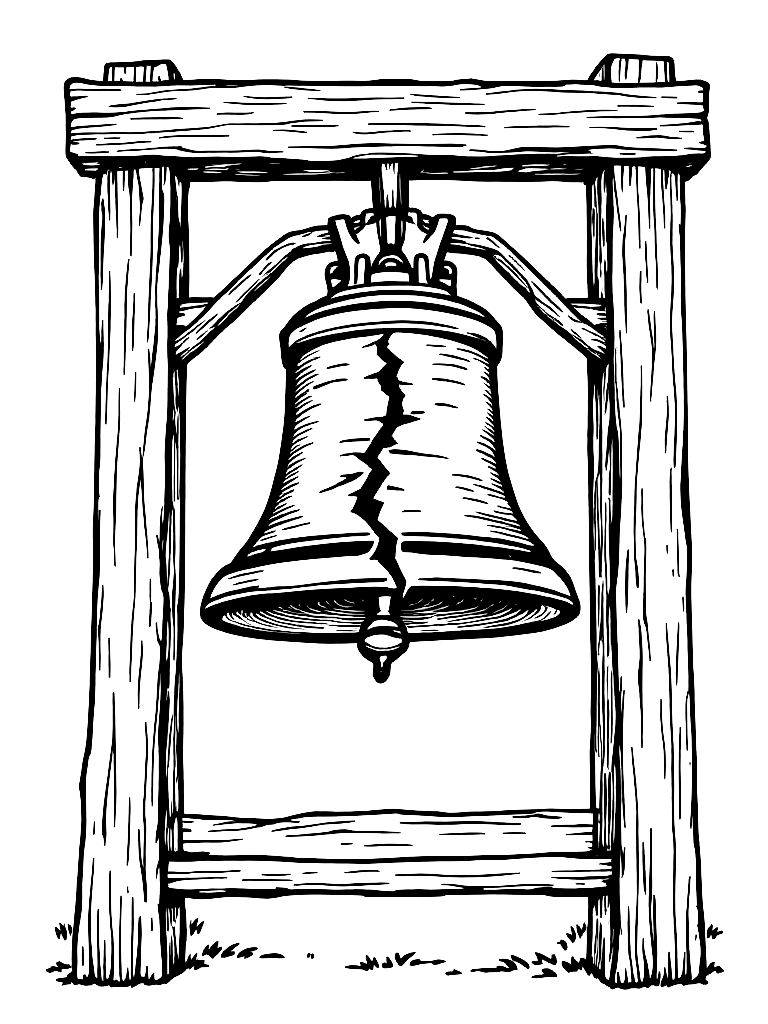 Free bold clean line art of the liberty bell with visible crack, hanging in wooden frame, slight perspective, minimal background, patriotic composition, thick outlines, no shading, coloring book style, centered layout coloring page in crosshatch style — printable line art