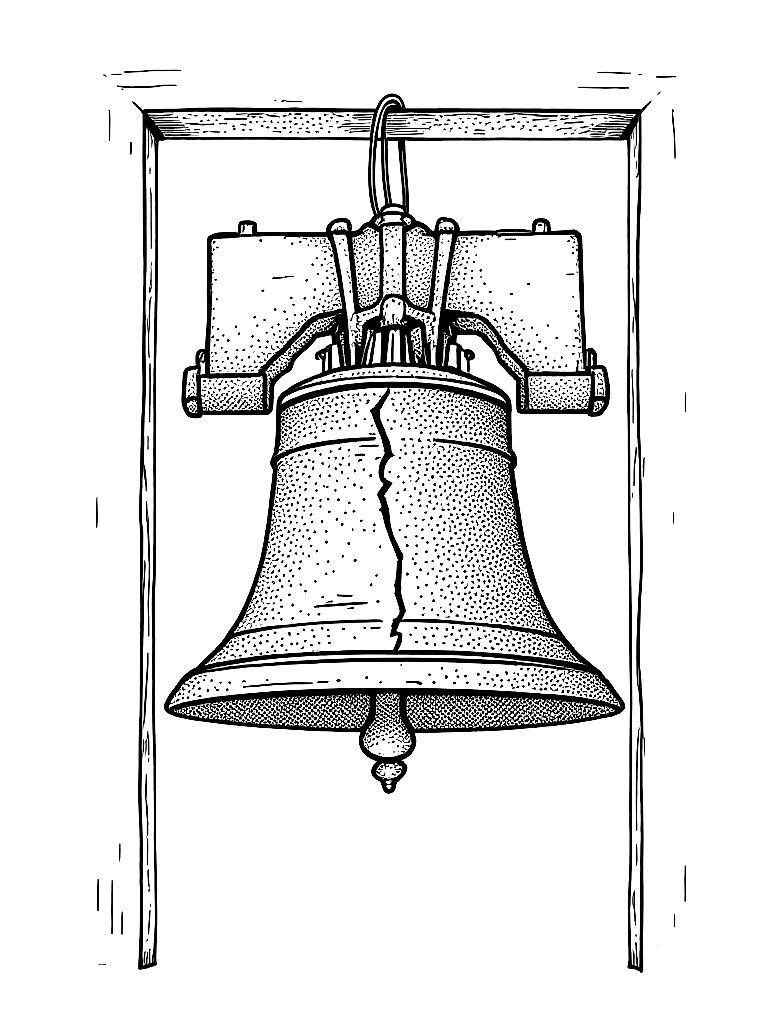 Free bold clean line art of the liberty bell with visible crack, hanging in wooden frame, slight perspective, minimal background, patriotic composition, thick outlines, no shading, coloring book style, centered layout coloring page in stipple style — printable line art