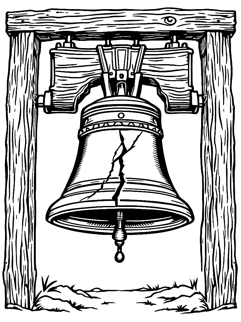 Free bold clean line art of the liberty bell with visible crack, hanging in wooden frame, slight perspective, minimal background, patriotic composition, thick outlines, no shading, coloring book style, centered layout coloring page in woodcut style — printable line art