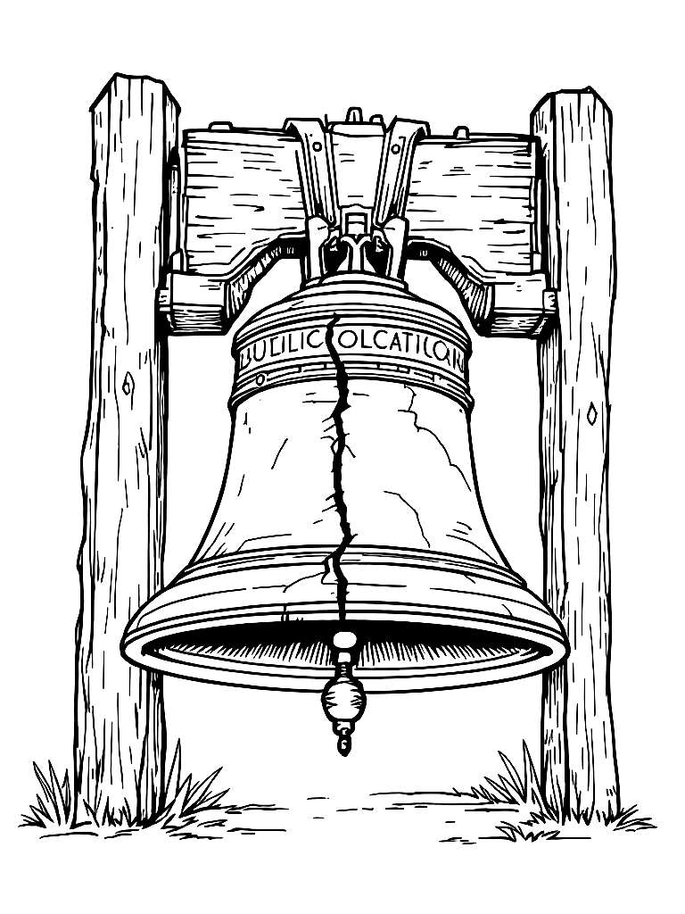 Free bold clean line art of the liberty bell with visible crack, hanging in wooden frame, slight perspective, minimal background, patriotic composition, thick outlines, no shading, coloring book style, centered layout coloring page in manga style — printable line art