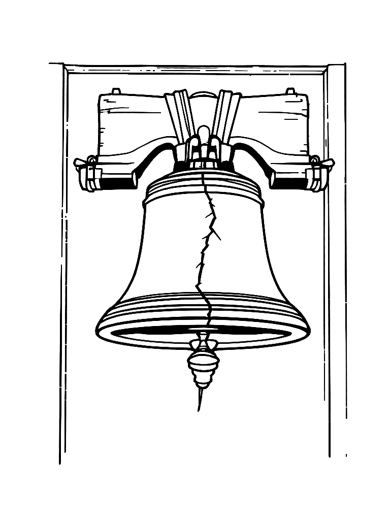 Free bold clean line art of the liberty bell with visible crack, hanging in wooden frame, slight perspective, minimal background, patriotic composition, thick outlines, no shading, coloring book style, centered layout coloring page in minimal style — printable line art